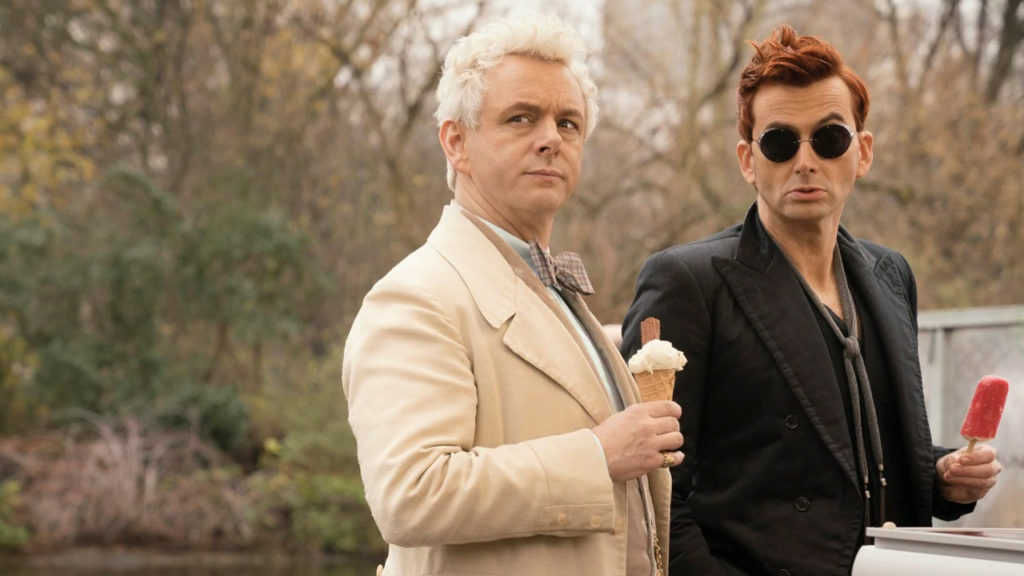 David Tennant and Michael Sheen having ice-cream  on the set of Good Omens