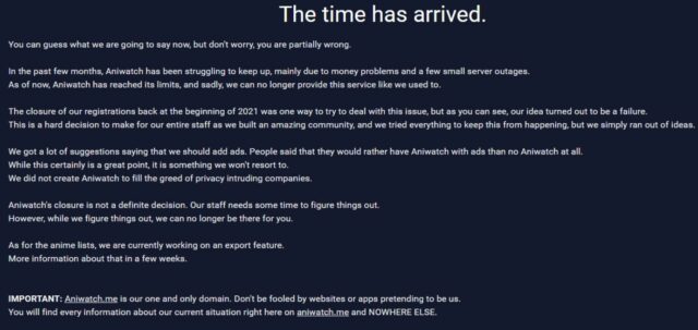 Aniwatch Streaming Platform “Reaches its Limits!” Será que alguma vez vai voltar?