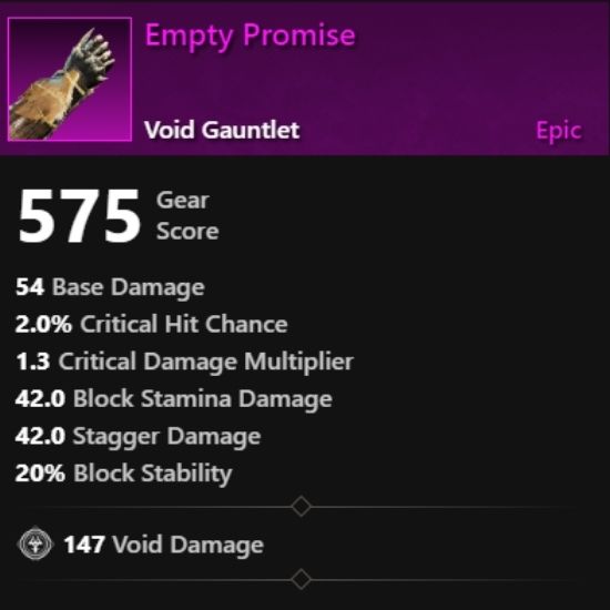 Statistiken und Vorteile für „Empty Promise Void Gauntlet“ in New World