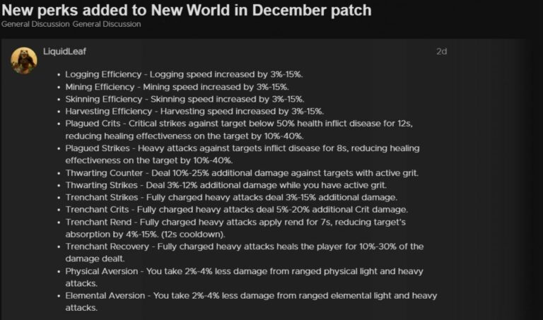 Improvements & New Perks Coming to New World in December Patch