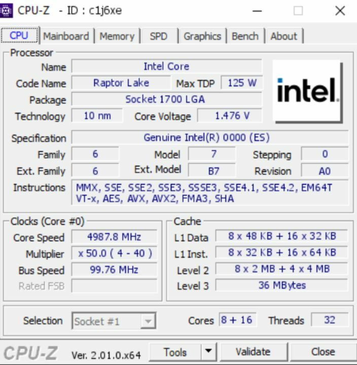 CPU Intel Core i9-13900K probada en validador CPU-Z con memoria DDR4