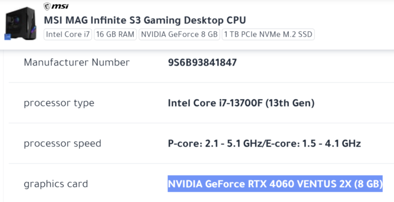 RTX 4060 GPU を搭載した MSI ゲーミング デスクトップ、8GB VRAM を搭載確認済み