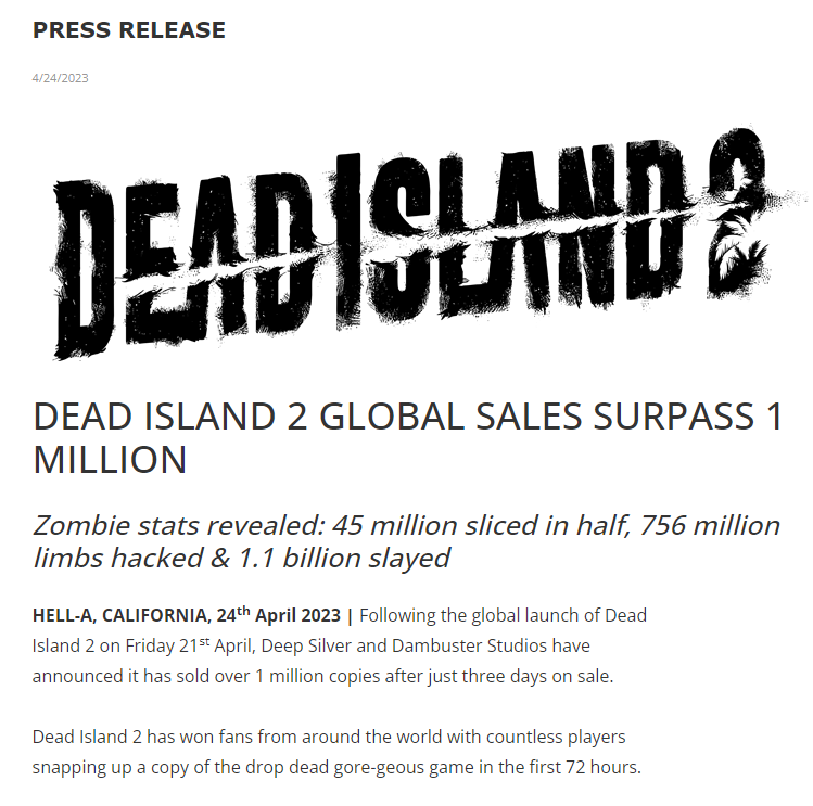 Dead Island 2 vende 1 milhão de cópias nas primeiras 72 horas de lançamento