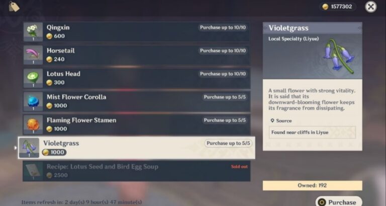 Guia fácil para encontrar Violetgrass: local de compra – Genshin Impact