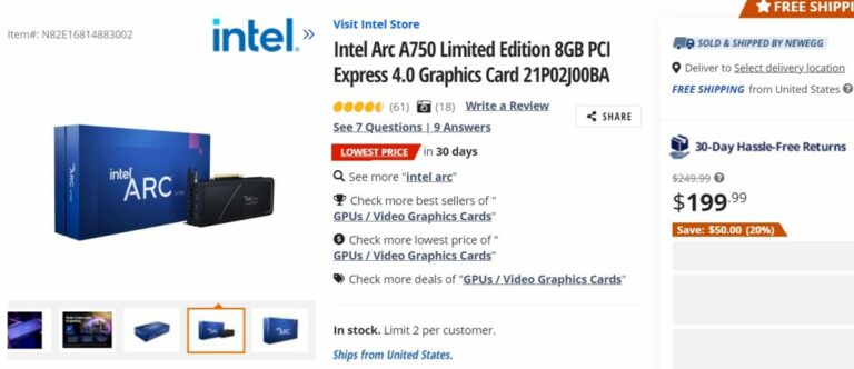 Intel Arc A750 8 GB Limited Edition jetzt für nur 199 $ erhältlich