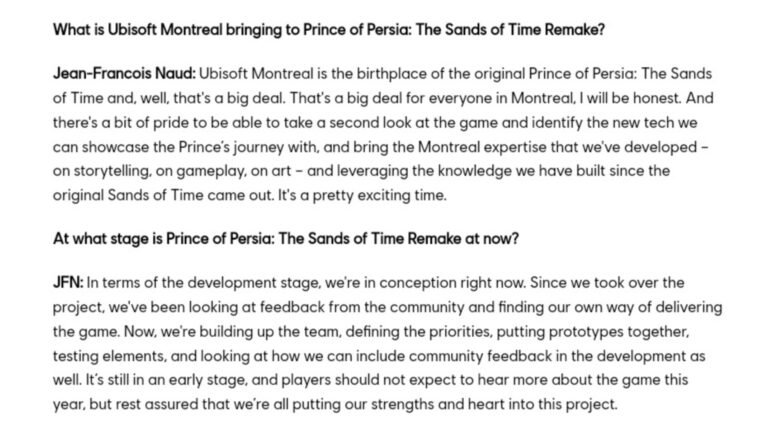 Ubisoft fornece atualização de progresso sem brilho no remake de Sands of Time