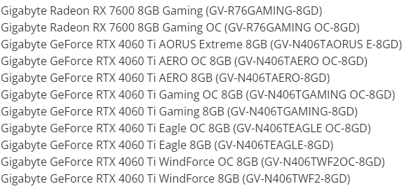 Gigabyte registers upcoming RTX 4060Ti and RX 7600 cards with EEC
