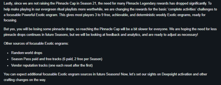 Bungie trae cambios a Pinnacle Rewards en la temporada 2 de Destiny 21