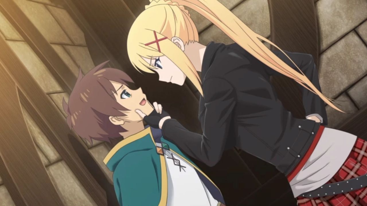 Who does Kazuma end up with in Konosuba?