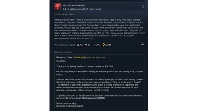 Bethesda replies to negative Starfield reviews on Steam