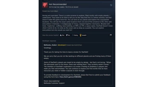 ベセスダ、Steam での Starfield の否定的なレビューに返信