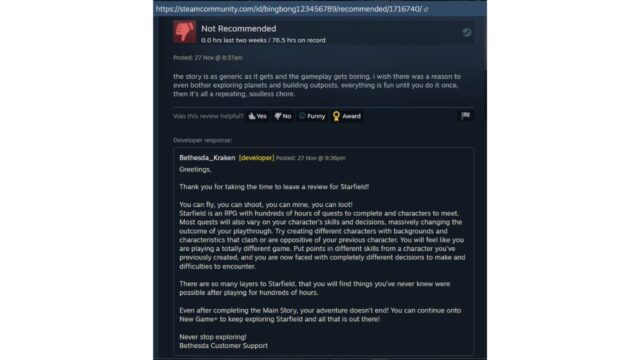 Bethesda replies to negative Starfield reviews on Steam