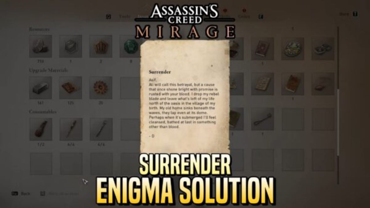Capa do guia de solução de quebra-cabeça de Assassin's Creed Mirage- Surrender Enigma