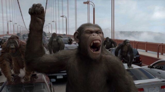 Enrique Murciano, Jason Clarke und Andy Serkis in „Planet der Affen: Revolution“.